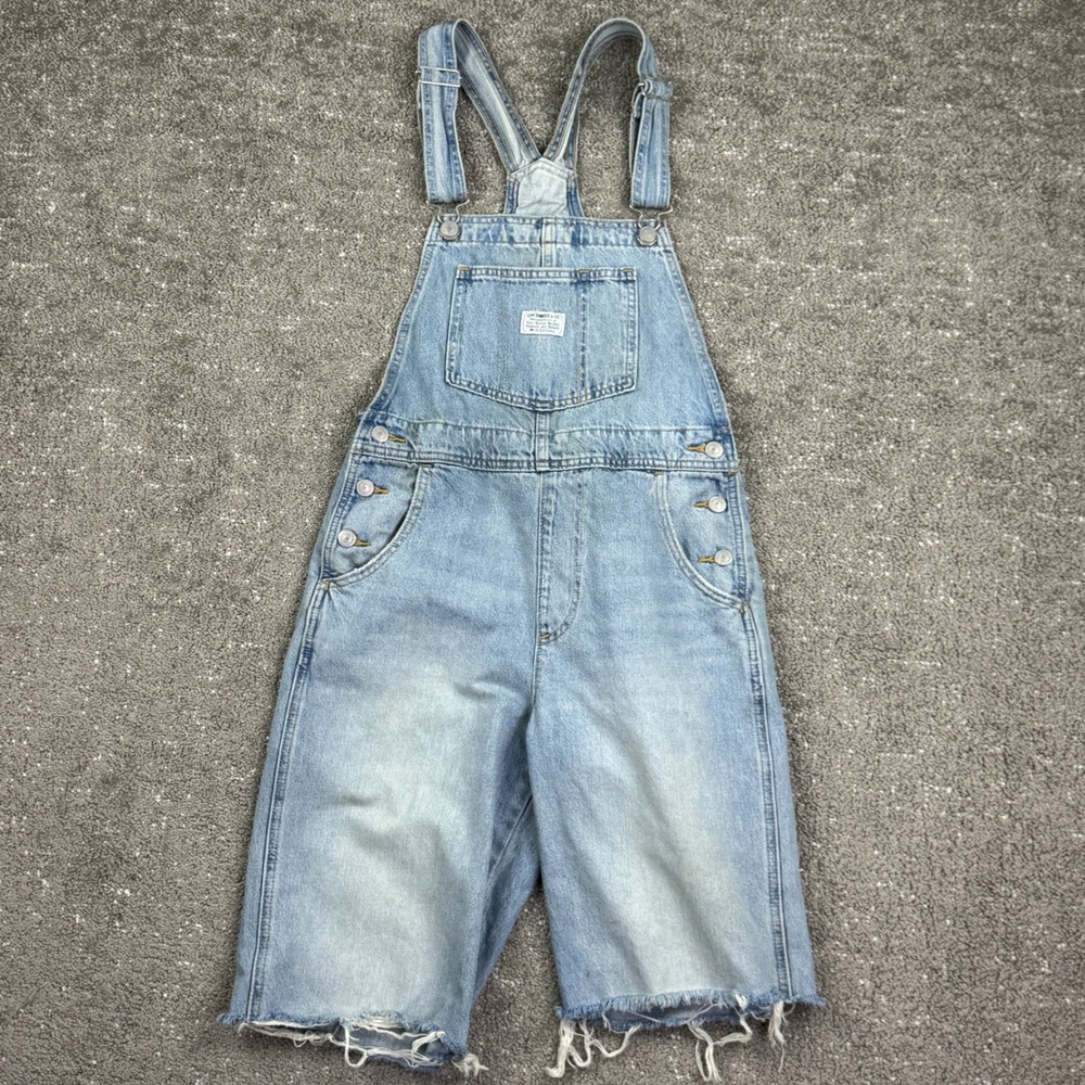 Levis Premium‎ Denim Shortalls Womens Small Blue Raw Hem Distressed 85315-0010